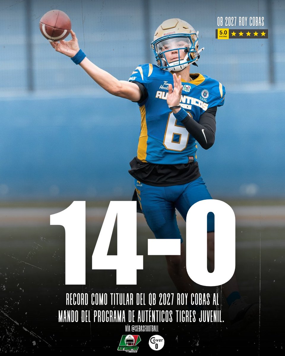 Cover0Recruits's tweet photo. 1️⃣4️⃣-0️⃣
El QB 5⭐ clase 2027 Roy Cobas INVICTO al mando de los Auténticos Tigres Juvenil 📈

📝 Vía @sebasfootball https://t.co/RmuZDlaTB0