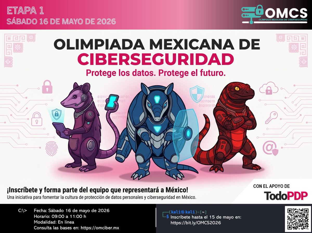 Ing_Mili's tweet photo. 🔐🚀 ¡Impulsemos juntos a la próxima generación de talento en ciberseguridad!

En @TodoPDP creemos que la educación es la mejor herramienta para construir un entorno digital más seguro.

Por eso, nos sumamos a la difusión de la convocatoria de la Olimpiada Mexicana de Ciberseguridad (OMCS) 2026.

👧🧒👩‍🎓 Dirigida a estudiantes de 6.º de primaria hasta preparatoria (nacidos a partir del 1 de julio de 2007).

✨ No se requieren conocimientos técnicos previos.
🆓 La participación es totalmente gratuita.
🏅 Los mejores talentos podrán representar a México en la final internacional en Italia 2027.
🇲🇽 México ya destacó en la edición internacional de Singapur 2025, obteniendo dos medallas de bronce.
📅 Registro abierto hasta el 15 de mayo.
🔗 https://t.co/F9GZOz3iSv
📧 info@omciber.mx
🌐 https://t.co/DBvaAYuaII

📢 Comparte esta convocatoria con tus hijas, hijos, estudiantes o personas jóvenes interesadas en la tecnología.

El talento puede estar más cerca de lo que imaginas. 💻🔐✨
#Ciberseguridad #TalentoDigital #OMCS2026 #NiñasNiñosYAdolescentes #EducaciónDigital #TodoPDP