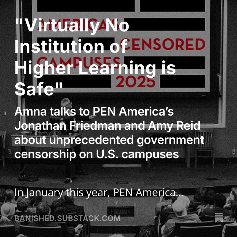 AmnaUncensored's tweet photo. My conversation with @jonfreadom and Amy Reid about their latest report is now live:  "Virtually No Institution of Higher Learning is Safe."
https://t.co/jhKRFhvnuk https://t.co/lP1Obdc53p