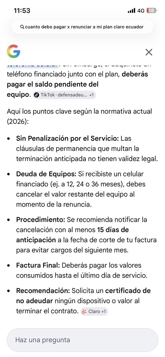MairaYuque's tweet photo. @ClaroEcua @DefensaEc @Telecom_Ec 
Pague mi plan estoy al día  y quiero salirme del plan  y me indican q debo pagar esa penalización  ahí está , la ia me indica q no debo pagar nada x salirme del plan , a quien hago caso https://t.co/47qiHIDwbN