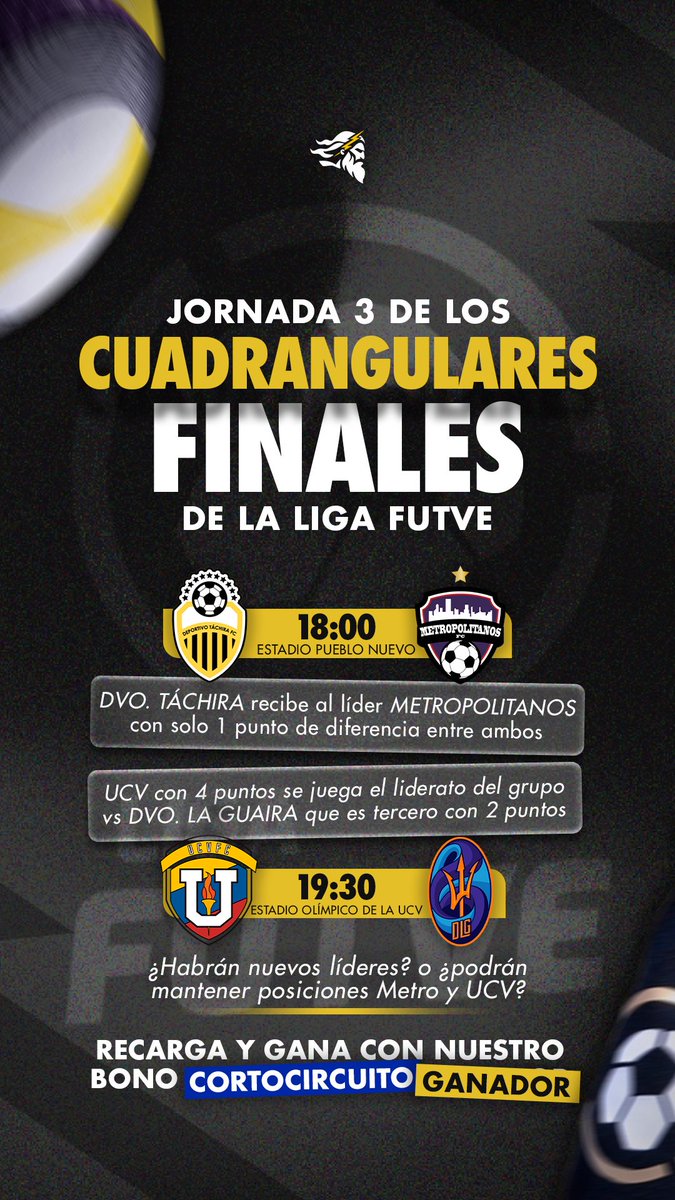Elganadorcom's tweet photo. Hoy tenemos una jornada de infarto en la liga Futve ⚡️🔥

Y tenemos Bono Corto circuito activo 🤩

Haz tu recarga reclama tu bono y juega ⚽️ https://t.co/6uLG3rlT7U