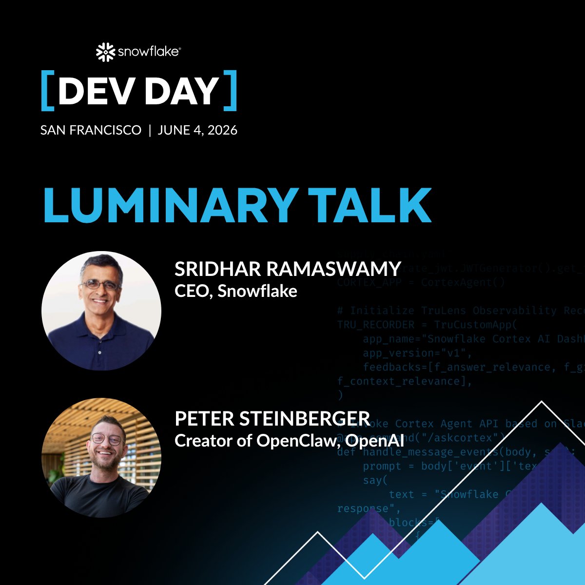 RamaswmySridhar's tweet photo. The ClawFather @steipete is coming to @Snowflake Dev Day. June 4th.

Join us for a conversation on where agents are heading. 👇 https://t.co/eS3qEZ4kNZ