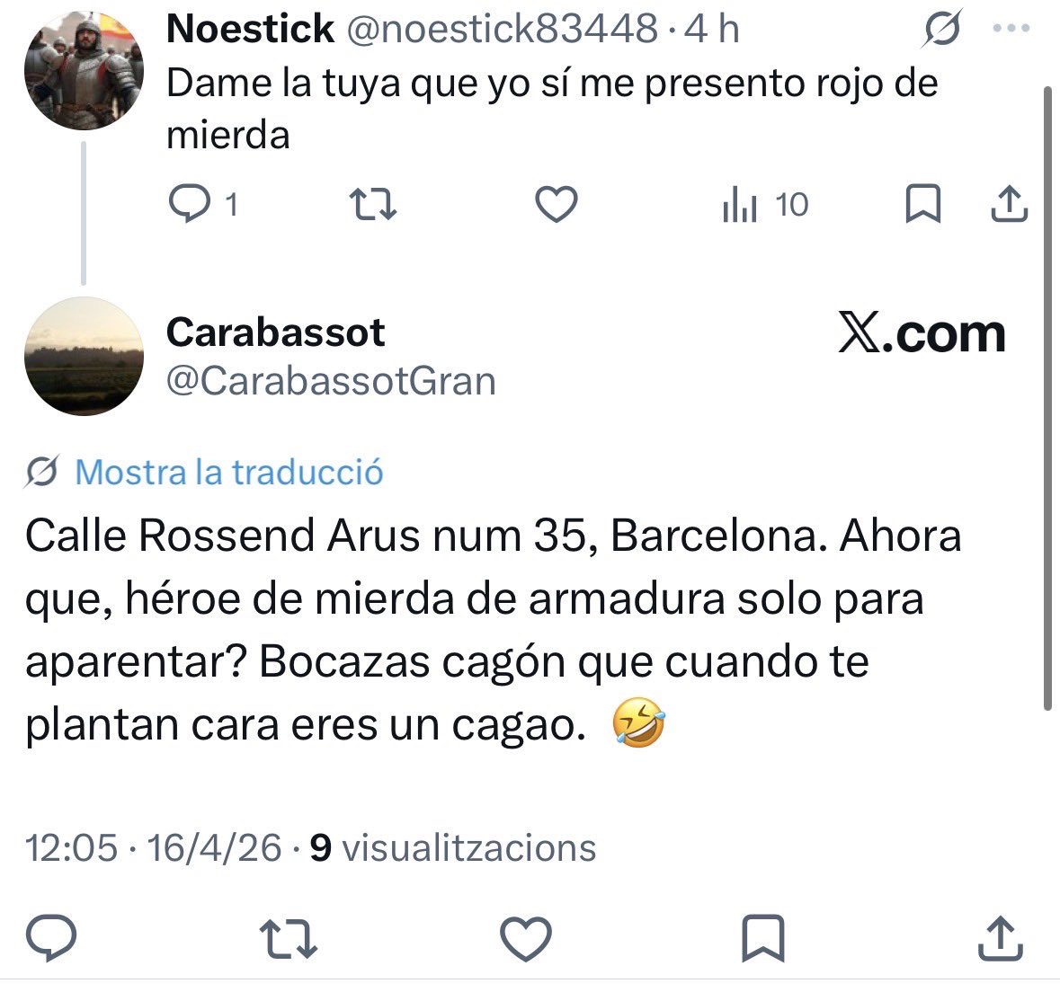 MStarling_inv's tweet photo. @meritxellbrown Our MI6 team intercepted @CarabassotGran several weeks ago during a trip to Russia.

We are also aware of his address and place of employment, among other details.

Within the limits of what can be disclosed, he is an individual who receives weekly psychiatric treatment. https://t.co/mAb6r1jxw2
