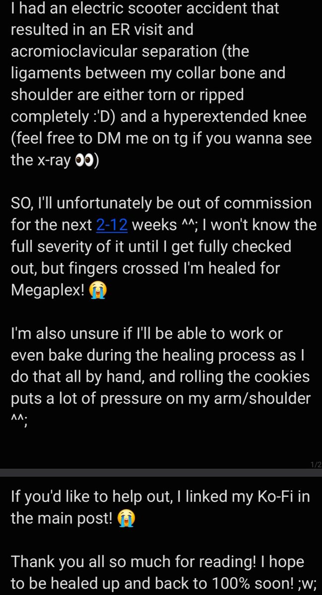 CroixDoku's tweet photo. Hi friends! I've had a few DM's asking where I went after Saturday at FWA, so I wanted to make a post explaining! 

TLDR; I got into an accident and will be out of commission for 2-12 weeks until my shoulder and knee heal ^^; 

https://t.co/0qPleXKEjd https://t.co/JNCdVE5G6L