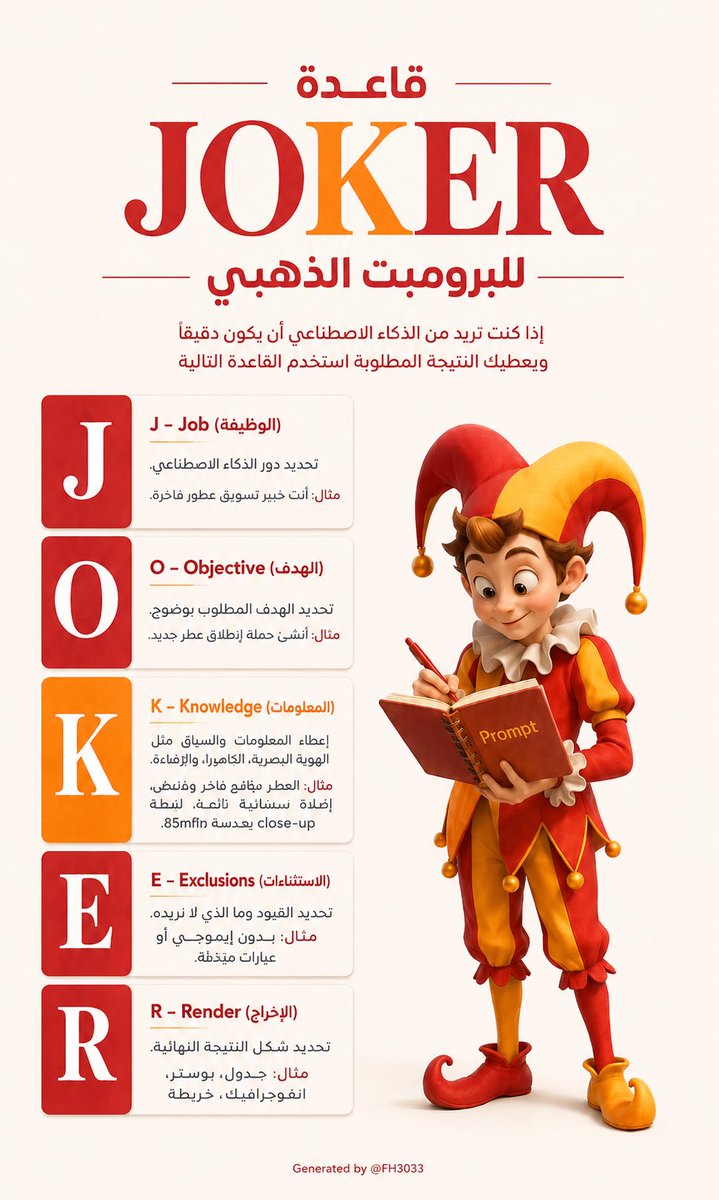FH3033's tweet photo. قاعدة البرومبت الذهبي JOKER

هي عبارة عن خمس عناصر يجب تضمينها عند كتابة البرومبت تساعدك في الحصول على النتيجة  المطلوبة وبدقة أكثر

ملاحظة: القاعدة يشار لها في عدد من المراجع وفي دليل ChatGPT لكن أسميتها قاعدة JOKER كاختصار لأول حرف من كل عنصر ليسهل تذكرها

الاداة: CharGPT image 0.2

@DesMeet