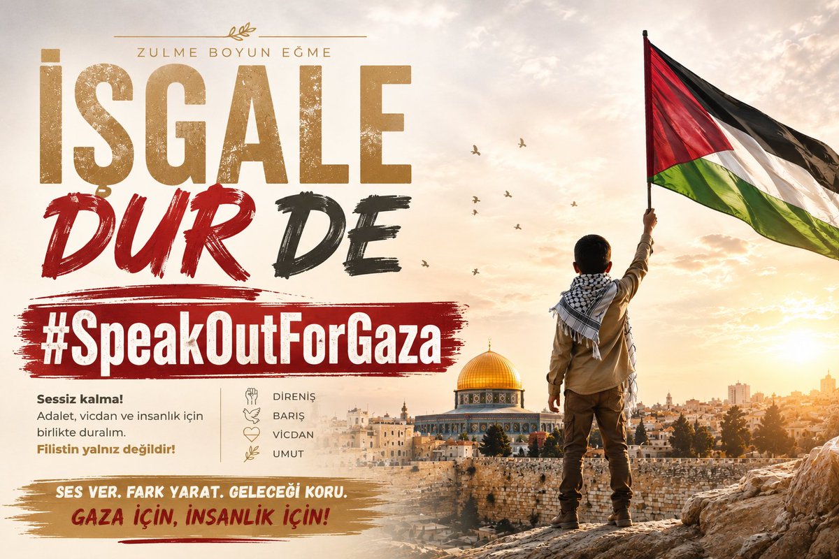 Ferdi_Karabasan's tweet photo. 🚨 GAZZE UNUTULAMAZ, VİCDAN SUSMAMAZ! 

🚨 İŞGALE DUR DE 
📢 #SpeakOutForGaza

Dünyanın gündemi her gün başka bir başlıkla değişirken; bombaların altında can veren çocuklar, enkaz başında evlat arayan anneler ve işgal altında nefes almaya çalışan bir halk hâlâ orada…

📍 Gazze hâlâ yanıyor.
📍 Kudüs hâlâ kuşatma altında.
📍 Filistin hâlâ yalnız bırakılmak isteniyor.

Tam da bu yüzden başlattığımız mutad gündem çalışmaları aralıksız sürüyor.
Çünkü biliyoruz ki; sessizlik, zalimin en büyük konforudur.

🩸 Gazzeyi görünmez kılmaya çalışan algılara karşı,
🕊️ Kudüs’ü unutturmaya çalışan gündemlere karşı,
⚠️ Filistin’i rakamlardan ibaret göstermeye çalışan kirli düzene karşı;
ses olmaya, paylaşmaya, haykırmaya devam edeceğiz!

📢 Bugün susanlar, yarın tarihin karanlık sayfalarında anılacak.
📢 Bugün konuşanlar ise vicdanın tarafında duracak.

Hiçbir beklenti olmadan, hiçbir çıkar gözetmeden;
her kardeşimizi bu dijital vicdan nöbetine omuz vermeye çağırıyoruz.

✊ Bir paylaşım bazen bir duvarı yıkar.
✊ Bir ses bazen dünyaya gerçeği duyurur.
✊ Bir etiket unutturulmak isteneni yeniden görünür kılıyor.

🔻 Sen de sessiz kalma!
🔻 Sen de paylaş!
🔻 Sen de insanlığın tarafında dur!