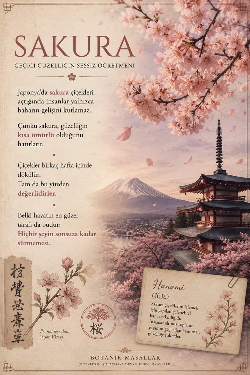 BotanikMasallar's tweet photo. Japonya’da sakura çiçekleri açtığında insanlar yalnızca baharın gelişini kutlamaz.
Çünkü sakura, güzelliğin kısa ömürlü olduğunu hatırlatır.

Belki hayatın en güzel tarafı da budur:
Hiçbir şeyin sonsuza kadar sürmemesi.

#BotanikMasallar #Sakura #JaponKültürü #ÇiçekHikayeleri https://t.co/OYCng3CLh3