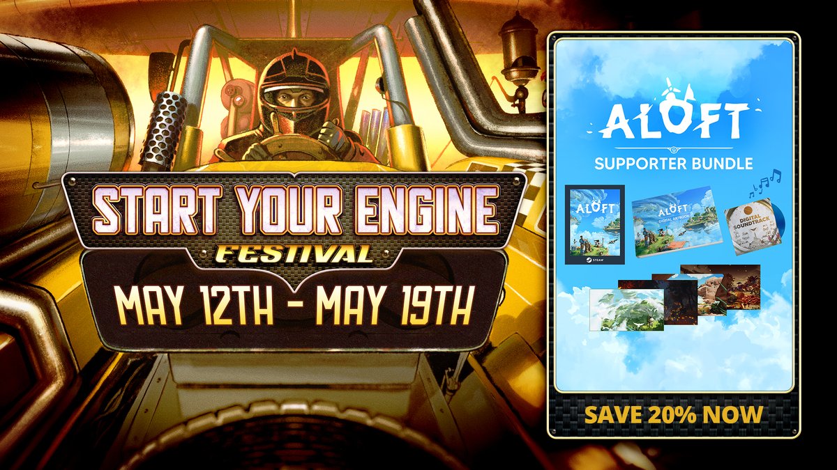 Ahoy, Sky Sailors!

Aloft joins the Start Your Engine Festival on Steam, featuring 100+ games celebrating all vehicles – including our islands-turned-skyships! 🚢

From now until May 19 you can grab the Aloft Supporter Bundle at a 20% discount, which includes the game, artbook,