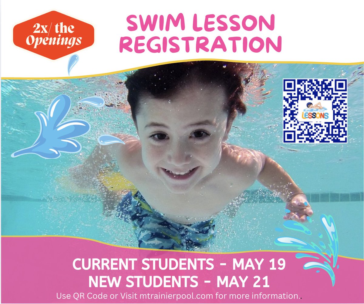 MtRainierPool's tweet photo. 🌊 More swim lessons are coming to Mount Rainier Pool!

Our Late Spring session will offer double the number of swim lessons previously available, with more evening and Saturday options for youth and adults.

Review details and register early: https://t.co/gWQnF344UI 🏊‍♀️ https://t.co/Wk3v8sS2Uf