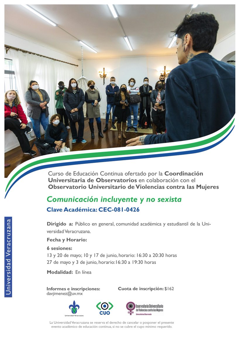 EdContinuaUV's tweet photo. #EducaciónContinuaUV

𝗢𝗳𝗲𝗿𝘁𝗮 𝗱𝗲 𝗖𝘂𝗿𝘀𝗼 | 𝑪𝒐𝒎𝒖𝒏𝒊𝒄𝒂𝒄𝒊ó𝒏 𝒊𝒏𝒄𝒍𝒖𝒚𝒆𝒏𝒕𝒆 𝒚 𝒏𝒐 𝒔𝒆𝒙𝒊𝒔𝒕𝒂

⏳Duración: 20 horas
💻 Modalidad: En línea vía Zoom
🪙 Costo: $ 162. 00 | Incluye constancia

Informes: davjimenez@uv.mx https://t.co/MOIhsCqOg1