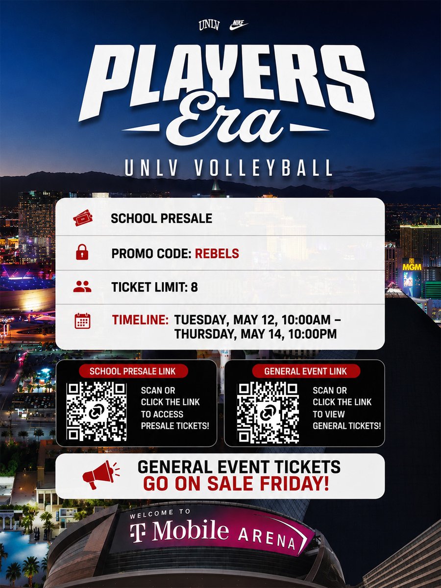 UNLVvball's tweet photo. 🚨 𝙏𝙄𝘾𝙆𝙀𝙏𝙎 𝙊𝙉 𝙎𝘼𝙇𝙀 𝙉𝙊𝙒! 🚨

Get your tickets for the Players Era Volleyball Showcase NOW!

Presale🔗: https://t.co/ujTYkI2tPl
General🔗: https://t.co/RL57H5EiAd https://t.co/a2EQQtQDIg