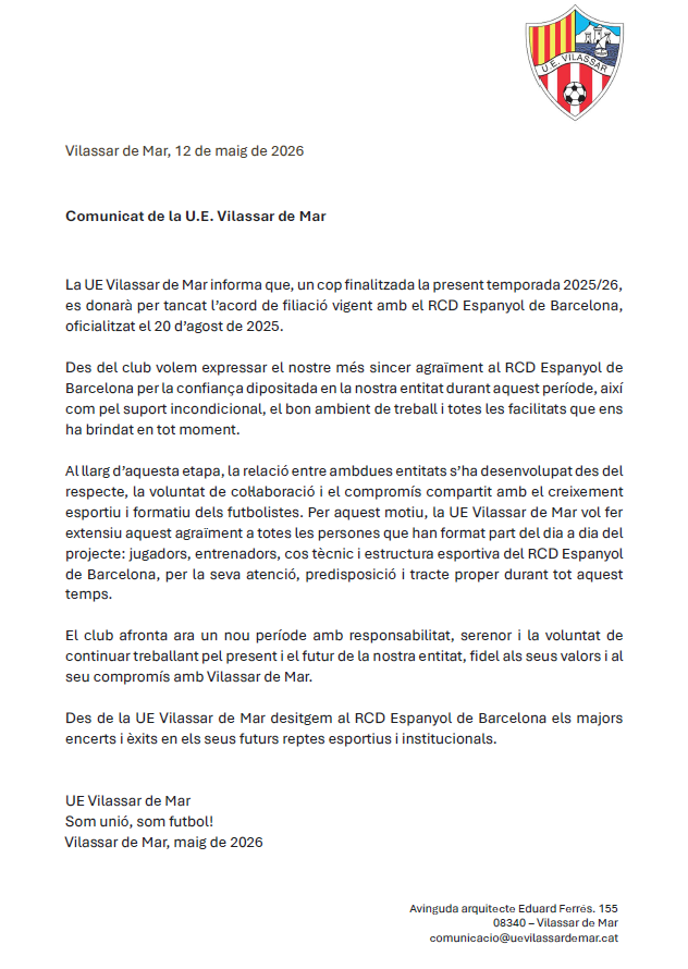 UEVilassardeMar's tweet photo. 📡 #Comunicat de la UE Vilassar de Mar.

La UE Vilassar de Mar informa que, un cop finalitzada la present temporada 2025/26, es donarà per tancat l’acord de filiació vigent amb el @RCDEspanyol de Barcelona, oficialitzat el 20 d’agost de 2025. (1/3) https://t.co/6GHOnkXaa4