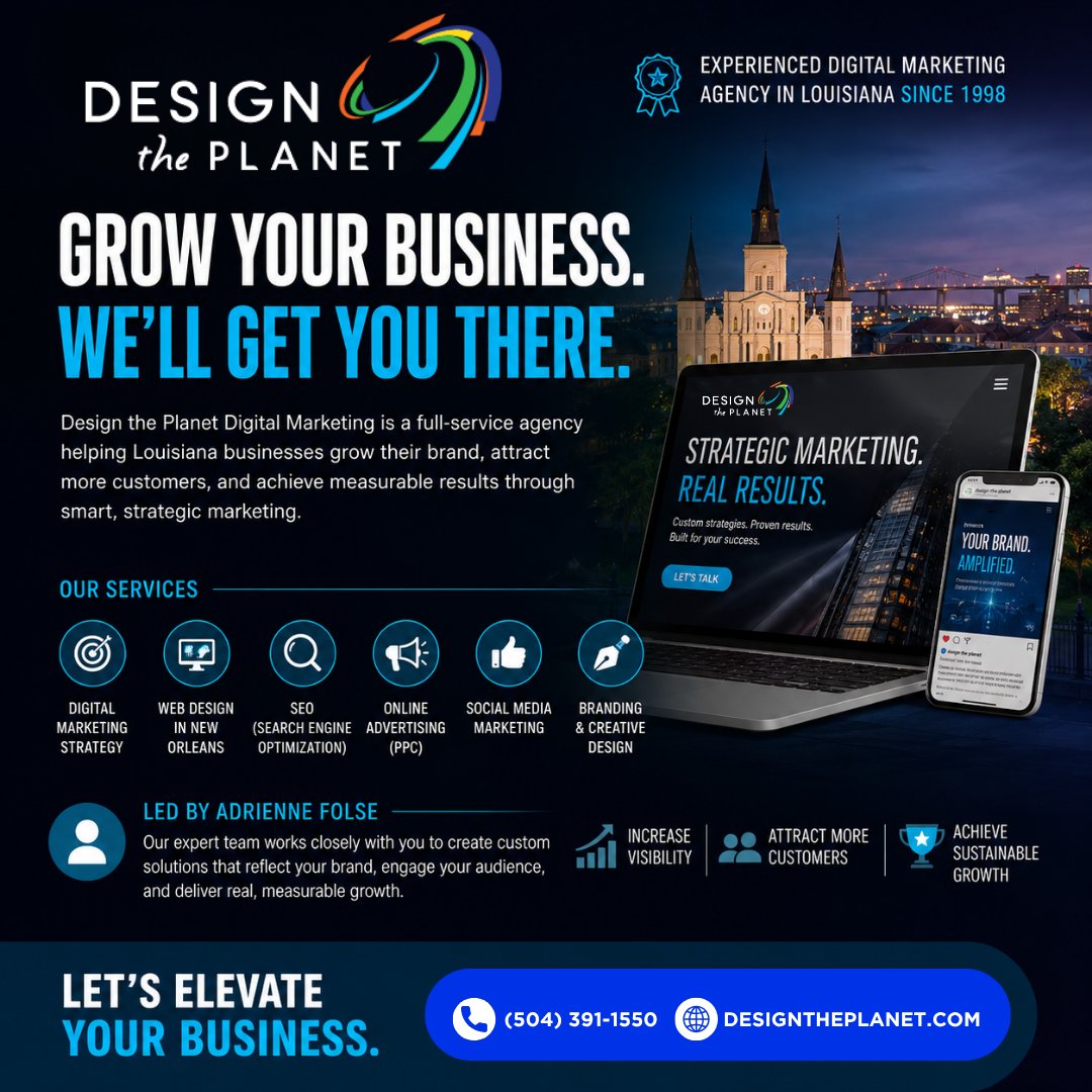 DesignThePlanet's tweet photo. Since 1998, Design the Planet has helped Louisiana businesses elevate their brand through web design, SEO, social media marketing, digital advertising, and creative strategy tailored for real results.

Let’s elevate your business. https://t.co/HYGklrKryO