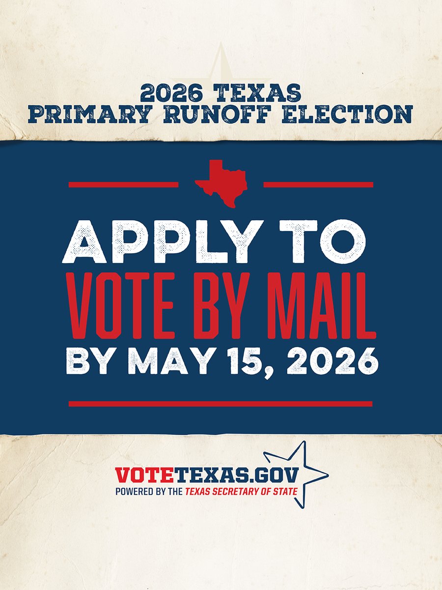 VoteTexas's tweet photo. To vote by mail in the May 26, 2026 primary runoff, your ABBM must be received by Friday, May 15, 2026.📬

Submit in person, by mail, or by fax/email (original due within 4 business days).

Learn more at https://t.co/MdRpg54XRY under “Voting by Mail.”🇺🇸

#VoteTexas #Election2026 https://t.co/t5C6AYddck