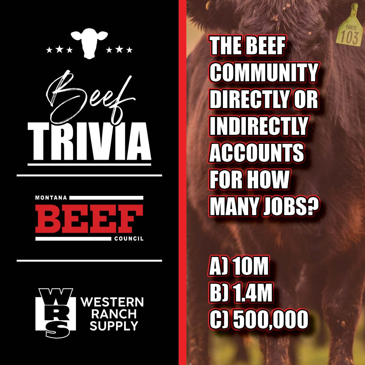 Western_Ranch's tweet photo. Beef Month Trivia!

The beef community supports a LOT of jobs across the country—from ranchers to retail. But how many? Take a guess and leave your answer in the comments!
#BeefMonth #BeefJobs #SupportAg #MontanaBeef #WRSBeef #BeefTrivia https://t.co/s3u0I376lO