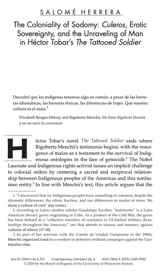 C_L_Journal's tweet photo. What kind of body-politic emerges as the body itself unravels? In "The Coloniality of Sodomy: Culeros, Erotic Sovereignty, and the Unraveling of Man in Héctor Tobar’s The Tattooed Soldier, Salomé Herrera explores bodies, borders, and the queer erotics of material disintegration. https://t.co/EqfaH86Fs9