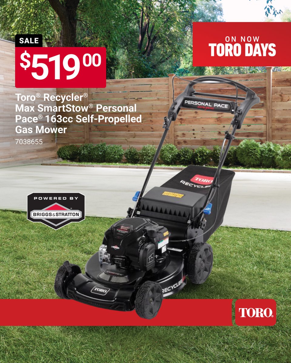 HardwareMurphy's tweet photo. A reliable mow starts with the right machine. Take on lawn day with the Toro® Recycler® Max SmartStow® Personal Pace® 163cc self‑propelled gas mower for $519. Built to handle thick grass with ease and designed for smooth, steady control, it helps you... https://t.co/xINA3QNrXB https://t.co/bdv3IQpDRN