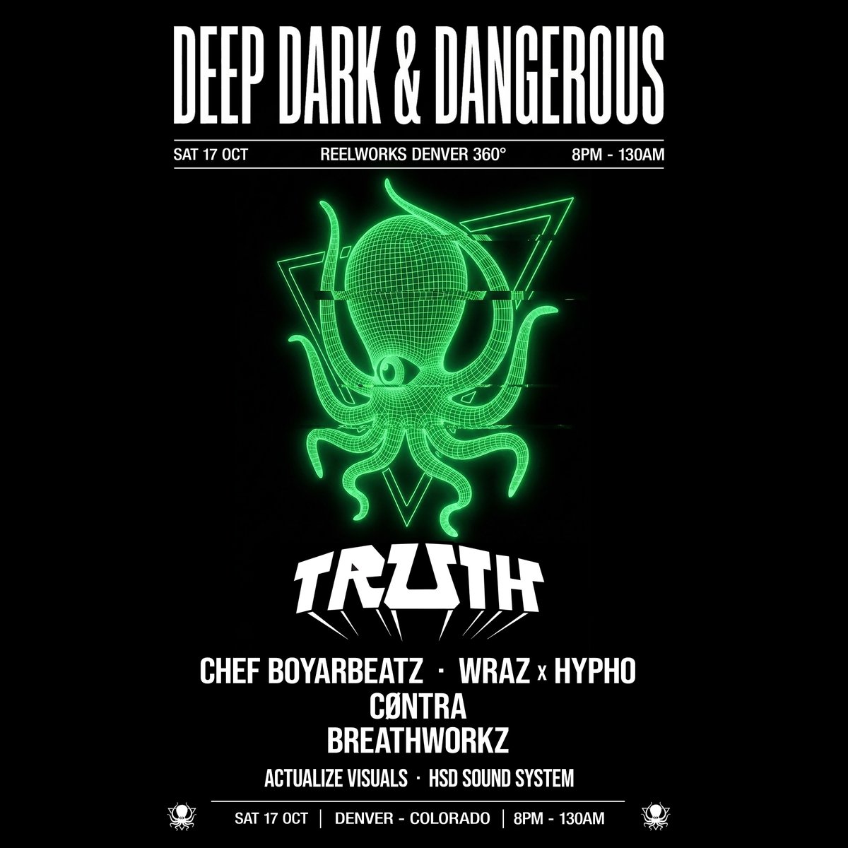 DeepDarkDanger's tweet photo. Deep Dark & Dangerous returns to Denver on Saturday, October 17th to Reelworks for an intimate 360 setup, dark lighting & production, and a brand new 6 point L'Acoustics sound system that was just installed in the venue accompanied by the towering sub stack from Mission Ballroom, to give you that same bone shaking experience. Projection mapping and visuals from Actualize.

Sign up for the presale at https://t.co/eXVRi0nihe 🐙🔥