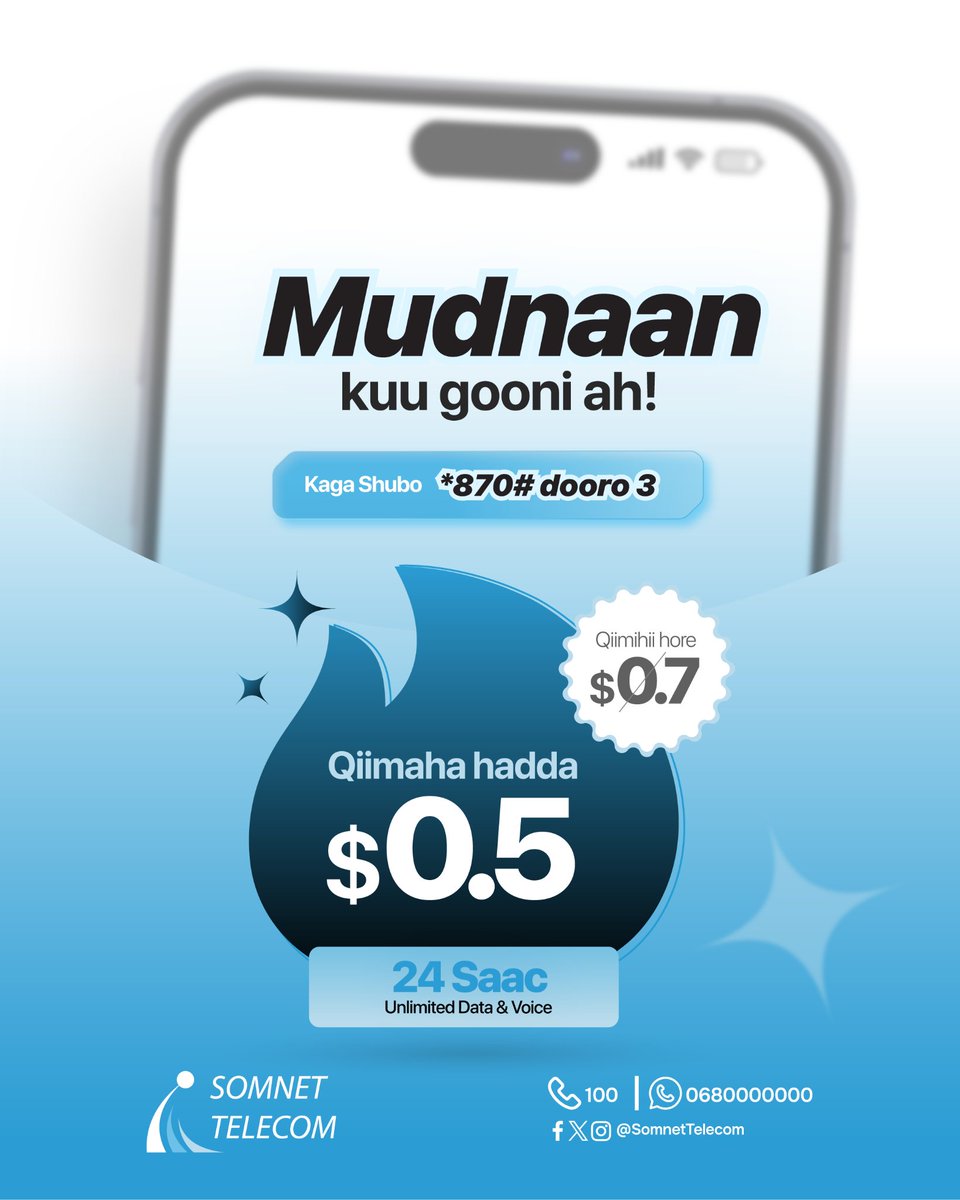 somnettelecom's tweet photo. Kuhadal iyo internet aan kaa go'ayn Maalin dhan oo xiriir ah ku isticmaal Kaliya $0.5.

Hel Mudnaantaada oo garaac  *870# dooro Lambar 3 kadib dooro xirmadda aad rabto.

#Somnet #Isgaarsiintajiilkacusub #Mudnaan https://t.co/PTvxk1Tl0D