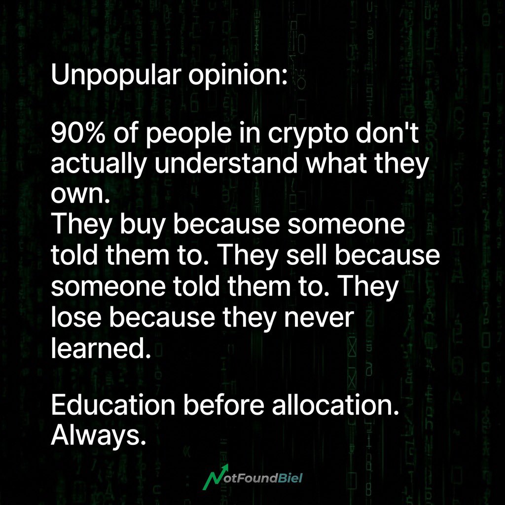 notfoundbiel's tweet photo. I lost money in crypto before I ever made money.

Not because the market was bad — because I was uneducated.

Most people skip the boring part (learning) and jump straight to the exciting part (buying).

That's why most people lose.

👇 Read this. https://t.co/k9UXAFV4Ud