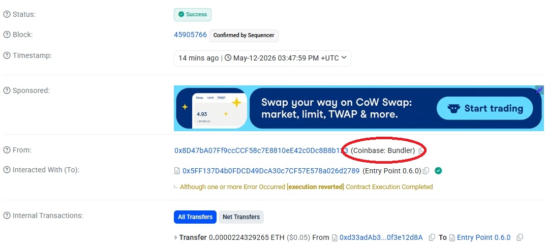 yang_eth's tweet photo. ZORAのウォレットは、Coinbase Bundlerを利用した ERC-4337（Account Abstraction）系のスマートウォレットでした。

従来のシ－ド管理、ガスの準備、署名操作など、Web3の煩わしい障壁が無いのでサクサク使えます。

Coinbaseは一般の人が使えるオンチェーンを本気で推進してますね。 https://t.co/bEP9IPSqD8