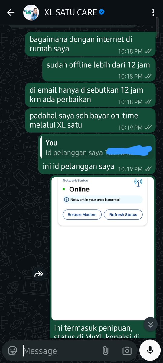 dimdumdamder's tweet photo. Kemudian dari pagi saya mulai menanyakan kondisi internet melalui wa chat @xlsatu_  karena aktifitas di rumah sangat bergantung dengan internet, namun @xlsatu_ sangat slow respon!! https://t.co/iF7RHy31GT