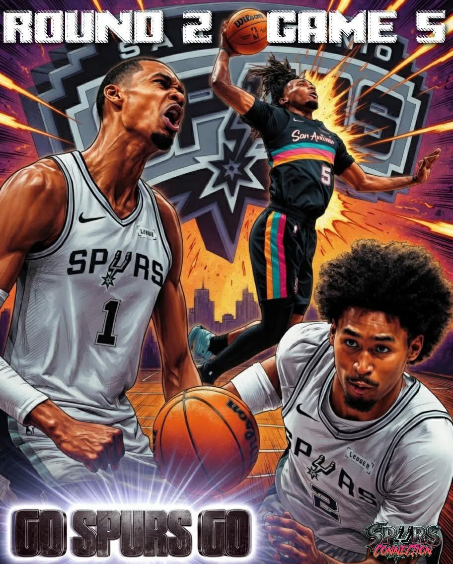 SpursConnection's tweet photo. 🚨IT'S PLAYOFFS GAME DAY!!! 🚨
#GoSpursGo #BeatTheTimberwolves 

Round 2 Game 5
Series tied 2-2 

Timberwolves (6) @ Spurs (2) 

⌚: 7:00 PM
🏟️: Target Center
📺: NBC, PEACOCK
📻: WOAI 1200-AM or listen on the Spurs app 

Spurs injuries:
De'Aaron Fox: Questionable (right ankle soreness)