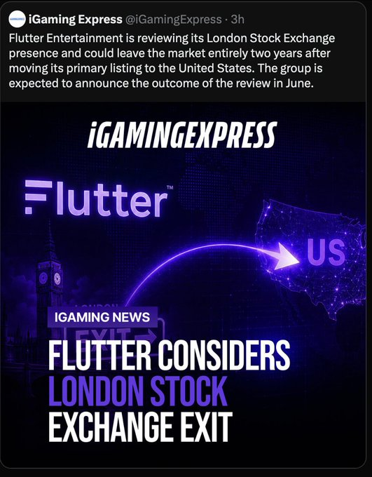 geoffbanksbet's tweet photo. Flutter is leaving the London Stock Exchange

Paddy Power. Betfair. Sky Bet. Built in Britain. Taxed remorselessly in Britain. 

Regulated, based on junk stats, into submission in Britain

Another British success story https://t.co/jE9znCPeI3