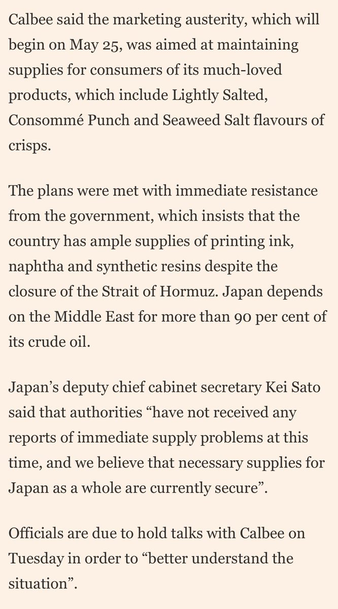 redbuckman's tweet photo. Naphtha, used in everything from dyes to diapers.

Petrochemical shortages can come quickly since the chains are so optimized.

https://t.co/FwRQRDKk9l Japanese snack maker goes black and white on Iran war supply crunch https://t.co/CHSmIsOFmK