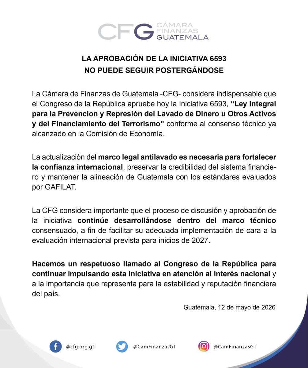 CamFinanzasGT's tweet photo. La Cámara de Finanzas de Guatemala, ante la postergación de la iniciativa 6593: https://t.co/yReVh6zD67
