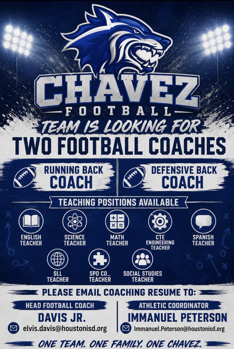 imthatguy1995's tweet photo. 🚨 Chavez Football Is Hiring 🚨
The Chavez Football Program is looking for passionate, hardworking coaches who are ready to help build something special. We are currently seeking a Running Back Coach and Defensive Back Coach to join our staff. 
No Shortcuts No Excuses Just Work. https://t.co/you9KuYFwC