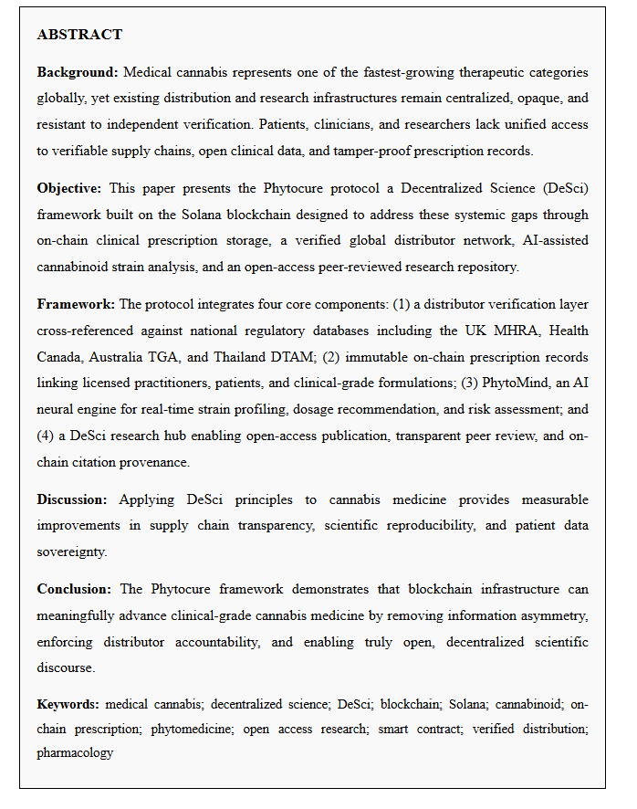 phytocure's tweet photo. We are proud to announce that Phytocure has officially submitted its first academic paper to https://t.co/dGOZqOoUvk (MDPI), a globally recognized open-access preprint repository indexed in leading scientific databases. The paper, titled "Decentralized Science Infrastructure for Medical Cannabis: A Framework for Blockchain-Based Prescription Records, Verified Distribution Networks, and Open Peer-Reviewed Research", has been submitted under the subject area of Medicine and Pharmacology Pharmacology and Toxicology (Preprints ID: 213326). 
This marks a defining moment in our journey: Phytocure is not just a platform it is a scientifically grounded protocol backed by peer-reviewed research.

This submission reflects our commitment to building cannabis medicine infrastructure that meets the highest standards of academic and clinical rigor. 
The paper presents the full Phytocure framework verified global distributor networks, on-chain clinical prescriptions, the PhytoMind AI neural engine, and our open DeSci research hub as a formally documented contribution to the field of phytomedicine and decentralized science. We believe that credibility in this space must be earned through transparency, open science, and verifiable research. This is only the beginning.

🔗 https://t.co/q3PmJVwcgp
📄 Preprints ID: 213326