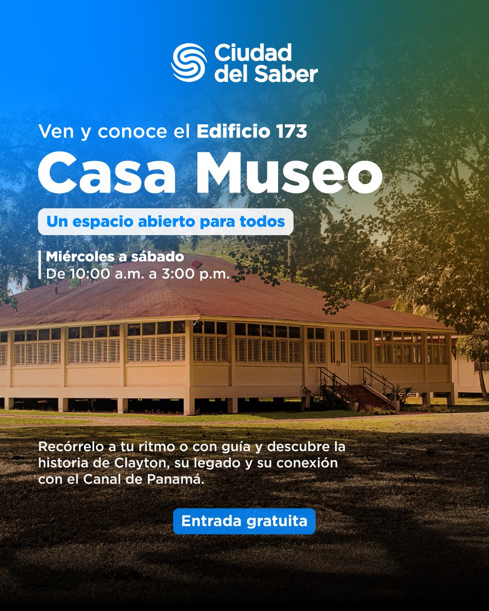 CiudaddelSaber's tweet photo. ¡Visita La Casa Museo de Ciudad del Saber!

La Casa Museo está abierta de miércoles a sábado, en horario de 10:00 a.m. a 3:00 p.m.
Con entrada gratuita. 

Visita este espacio y conoce más sobre la historia de Clayton, su legado y su conexión con el Canal de Panamá. https://t.co/uAHWdbWCOa