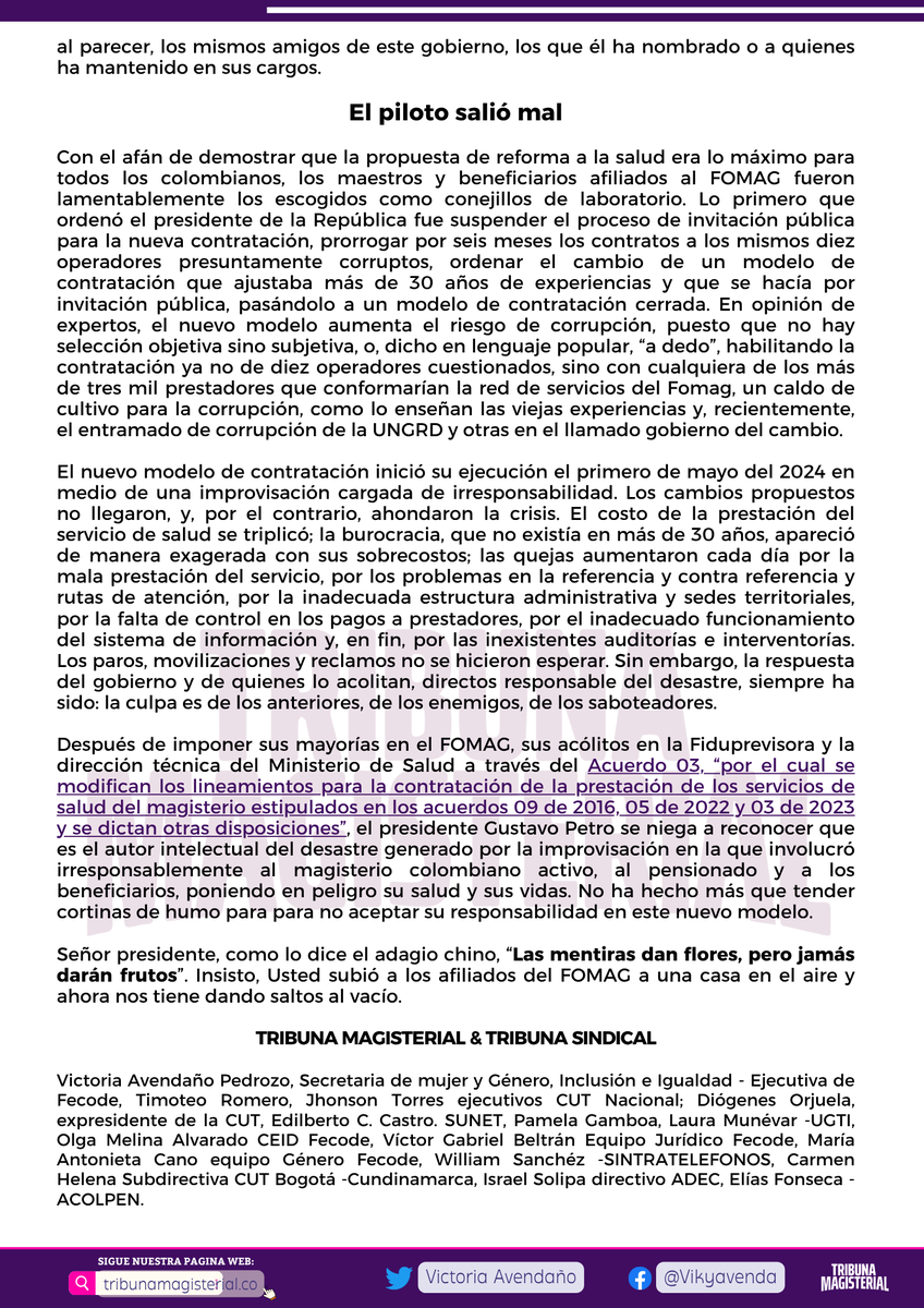 TribunaMagister's tweet photo. [NUEVO COMUNICADO @vikyavenda ]
 
¡CRÓNICA DE UN MODELO FRACASADO Y DE UN ATENTADO A LA SALUD Y LA SEGURIDAD SOCIAL DEL MAGISTERIO!

📌 _Lea el artículo completo en el siguiente enlace:_  https://t.co/xepIVDPtI7 https://t.co/0oB0IOsRfM