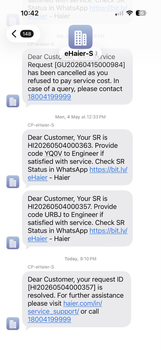 Legal_Fuhrer's tweet photo. @IndiaHaier Amazing coordination by your team. On one hand, your official account says my complaint was moved to “priority queue and I would be contacted shortly, while on the other hand, the complaint was closed the very same day without any technician visit or resolution. issue still exist https://t.co/V9fMFw9wgn