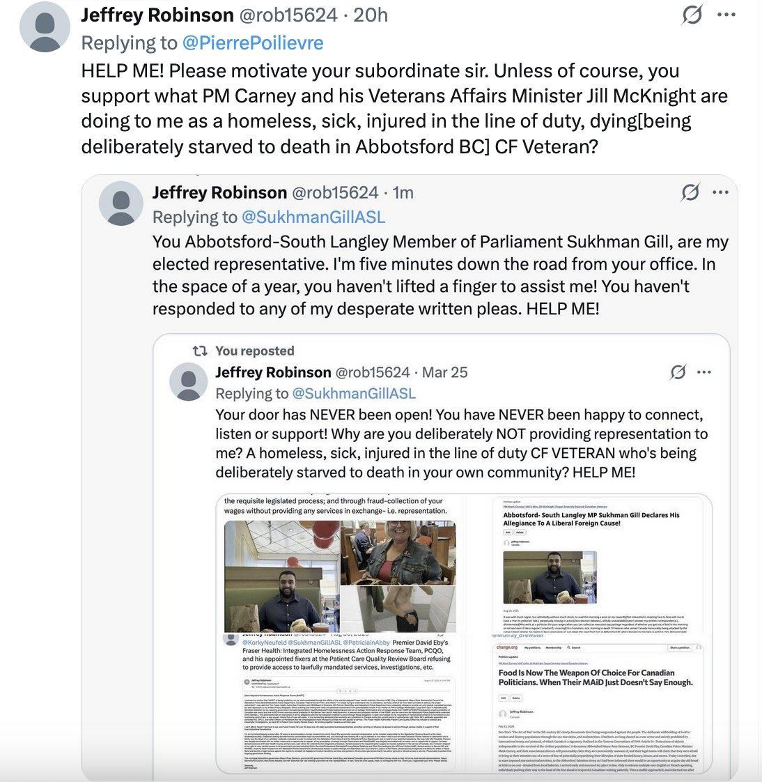 rob15624's tweet photo. @JohnBrassardCPC You and your associates are more interested in flags, then in saving the life of a homeless, sick, injured in the line of duty, dying[deliberately being starved to death] Canadian Forces Veteran in Abbotsford BC. Priorities? https://t.co/j6fu275bcI