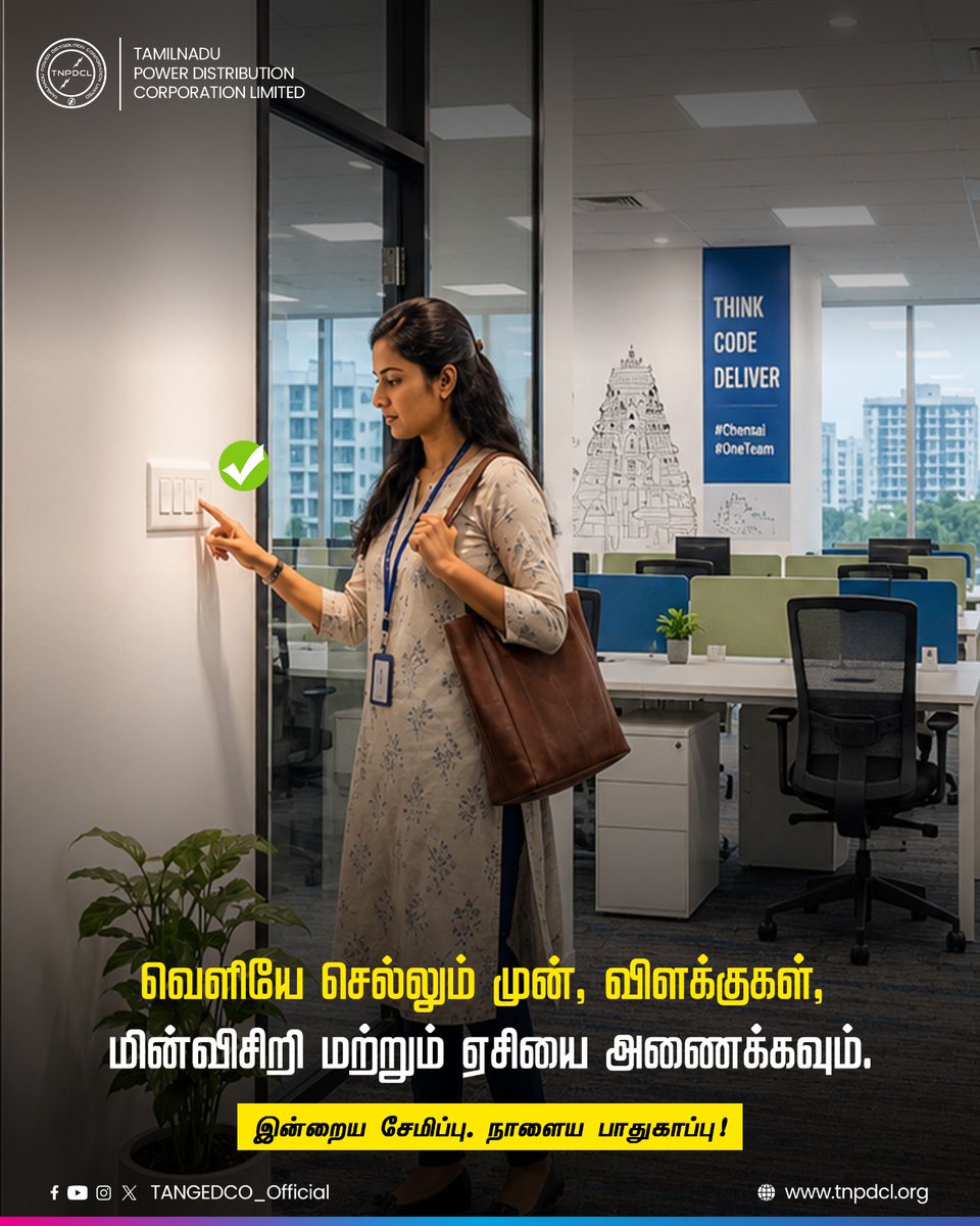 TANGEDCO_Offcl's tweet photo. வேலை முடிந்து அலுவலகத்தை விட்டு வெளியேறும் முன் ஒரு நிமிடம் கவனியுங்கள். மின்விசிறிகள், விளக்குகள் மற்றும் குளிர்சாதன பெட்டிகள் (AC) அணைக்கப்பட்டுள்ளதா என்பதை உறுதி செய்து கொள்ளுங்கள்.

இன்றைய சேமிப்பு, நாளைய பாதுகாப்பு!⚡🌍

#EnergyConservation #TNPDCL #Sustainability #SavePower https://t.co/uob3im8VPk