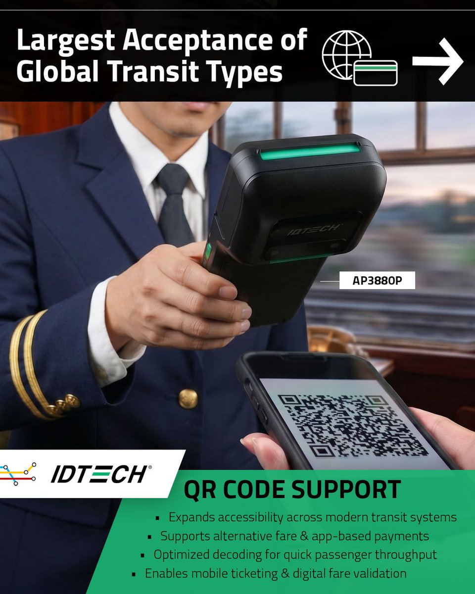 idtechproducts's tweet photo. One transit network. Multiple ways to pay. 🌍🚆💳

ID TECH supports one of the industry’s largest acceptance portfolios for global transit payments with support for Open Loop, Closed Loop, and QR Code fare acceptance. 

Learn more → https://t.co/NJDKZ9TAot 

#IDTECH #Transit https://t.co/HLCM5xMiaU