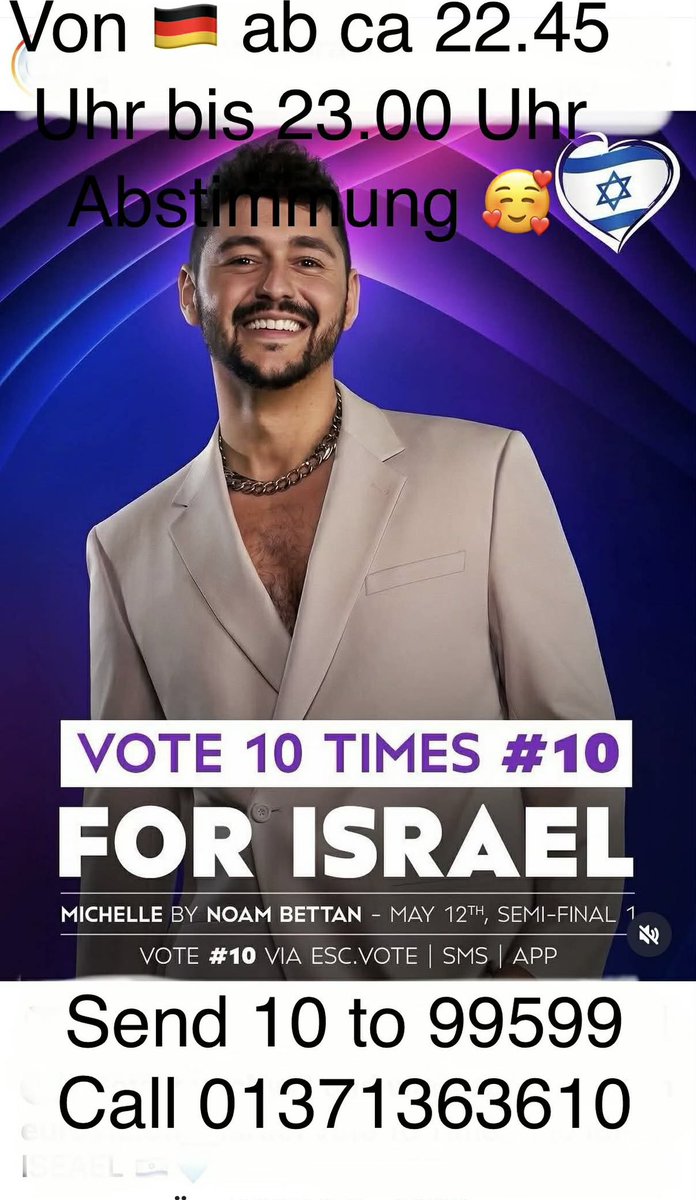 WolfMalca's tweet photo. #ESC
#Israel

Bitte alle mitmachen!🙏

HEUTE ANRUFEN 💙🇮🇱💙🇮🇱💙🇮🇱💙🇮🇱💙🇮🇱

Weil der Song gut ist.
Weil Noam Bettan spüren soll, dass er nicht alleine ist.
Weil „Singt nicht mit Juden“ einfach nur ekelhaft ist.

Ab ca 22.45 Uhr:
SMS : „10“ an 99599
Anruf an: 01371 363610

Jeder darf 10 SMS , 10 Anrufe tätigen!