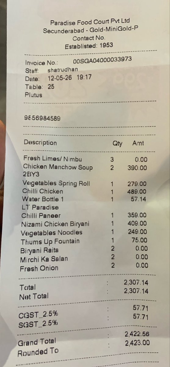 PJRHYD's tweet photo. Hey @paradizbiryani what’s happening… you started malpractices? You generated a bill with items not taken..the moment customer started reading it, you suddenly remembered you added extra item, without even informing…trust at stake for few bucks @rai_india @meenakshi2211 proof.. https://t.co/oFT3YjeZN0