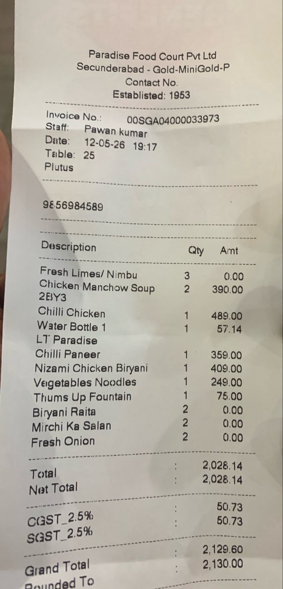 PJRHYD's tweet photo. Hey @paradizbiryani what’s happening… you started malpractices? You generated a bill with items not taken..the moment customer started reading it, you suddenly remembered you added extra item, without even informing…trust at stake for few bucks @rai_india @meenakshi2211 proof.. https://t.co/oFT3YjeZN0