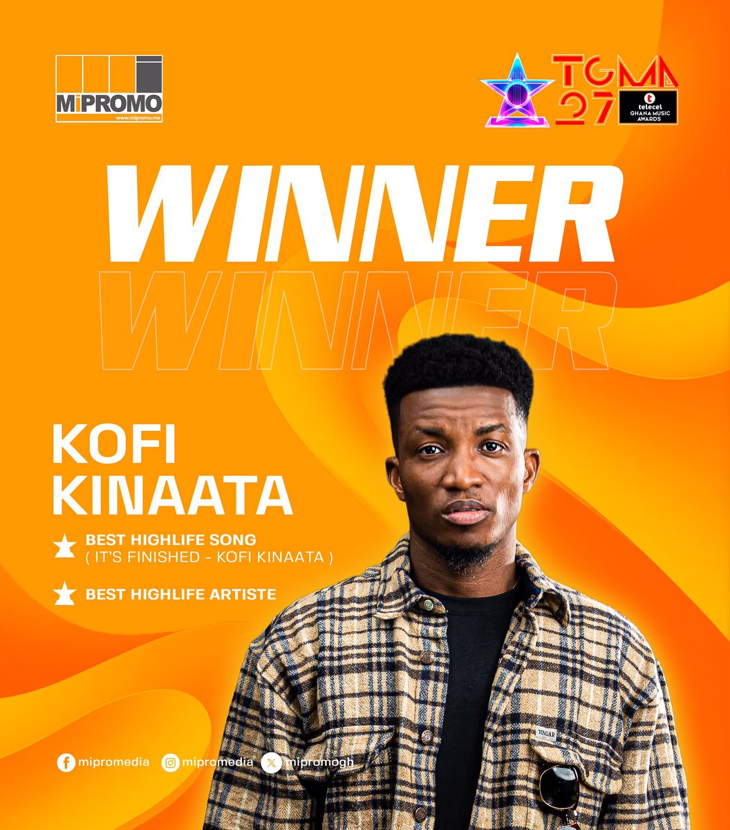 MiPROMOGH's tweet photo. Congratulations to Kofi Kinaata (@KinaataGh) on winning at the #27thTGMA! 🏆

You continue to raise the bar, and #MiPROMO proudly stands behind you every step of the way. https://t.co/NVpmqRGqe1