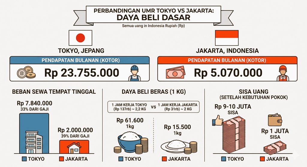 Sebelahkampus's tweet photo. Tau gak?

Menteri pertanian, pernah bilang.
"...kita mah masih mending, karna harga berasnya lebih murah dari jepang..."

cc: @txtdrjkt, @Jakartalk, @txttransportasi, @txtdarigajelas

🌱 tapi ya...
Meski harga beras di Jakarta jauh lebih rendah, seorang pekerja di Tokyo hanya butuh waktu kerja yang lebih singkat untuk membeli jumlah beras yang sama.

🌱 sekaligus membawa pulang sisa uang bulanan hingga sepuluh kali lipat lebih besar setelah kebutuhan pokok terpenuhi. 

🌱 Perdebatan intinya bukan pada mahal atau murahnya harga barang (beras), melainkan pada fakta bahwa sistem pengupahan kita masih gagal memberikan ruang finansial yang layak.

🌱 sehingga pekerja lokal terus terjebak dalam siklus bertahan hidup sementara pekerja di negara maju sudah bicara soal akumulasi kekayaan.

kita kerja sekadar cukup buat makan, orang jepang beda cerita.
mereka berpotensi, bisa nabung.