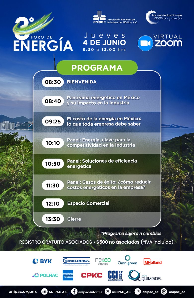 ANIPAC_AC's tweet photo. ¡Ya está aquí el programa del 3° Foro de Energía! ⚡
CONSULTA NUESTRO PROGRAMA

Acompáñanos este 4 de junio de 08:30 a 13:00 hrs. vía Zoom para hablar sobre eficiencia, costos y el panorama energético industrial.
Obtén tu Registro aquí: https://t.co/Y86EKOXfHQ https://t.co/MooLk1g9a9