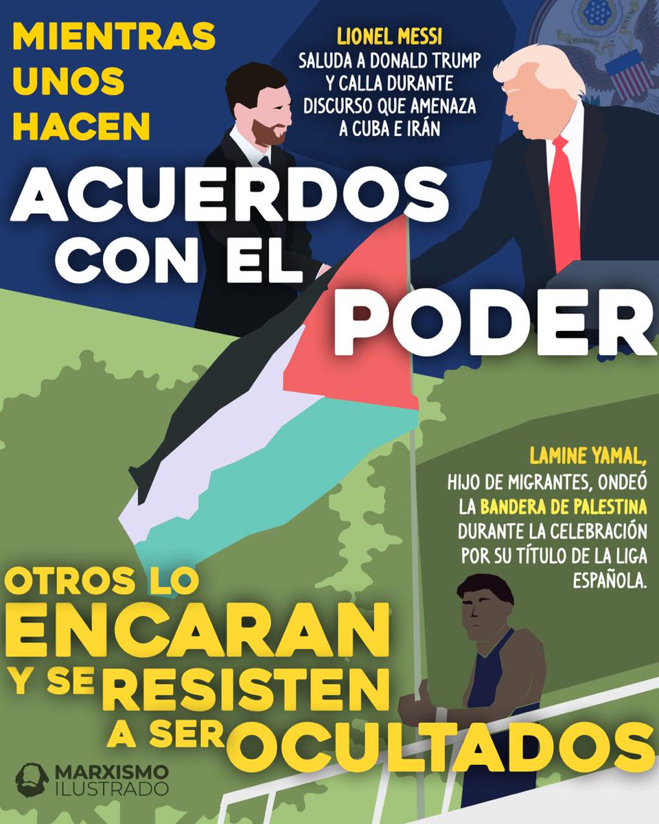 Marx_ilustrado's tweet photo. En un mundo de #Messi subordinado ante el poder del imperialismo, elijo ser un #Yamal resistiendo y arriesgando mi carrera por la dignidad humana ✊🔥🍉

Que el fútbol no deje de ser político que incomode, en lugar de ser complaciente ⚽✨

#Barça #Futbol #Politica https://t.co/9uAVx1B38i
