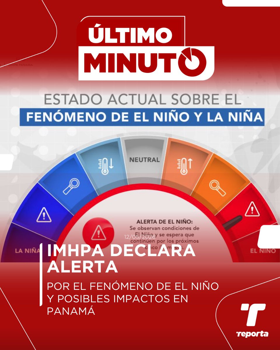 TReporta's tweet photo. El Instituto de Meteorología e Hidrología de Panamá (@imhpapma) ha declarado alerta por el Fenómeno de El Niño, al confirmarse condiciones típicas asociadas a este fenómeno y alta probabilidad de que se mantengan durante los próximos meses.

De acuerdo con los monitoreos, en las últimas semanas se han registrado temperaturas del mar superiores a lo normal en el océano Pacífico ecuatorial, acompañadas de cambios en la atmósfera, lo cual confirma el inicio de un nuevo evento de El Niño, explicó el IMHPA.

Según los modelos de predicción climática, la probabilidad de que El Niño continúe influyendo en los patrones climáticos supera el 85 %, con efectos que podrían extenderse durante el resto del año 2026.

El IMPHA advirtió que durante el evento de El Niño Panamá puede experimentar cambios significativos en las lluvias y la temperatura.

En gran parte de la vertiente del Pacífico podría registrarse una disminución de las lluvias, con más días consecutivos sin precipitación y la posibilidad de que la temporada seca se prolongue, mientras que en zonas del Caribe pueden presentar aumentos temporales de lluvia.

La institución aclaró que aun cuando puede llover en menor cantidad, pueden ocurrir episodios de lluvias intensas, de corta duración, en cualquier parte del territorio nacional. Además, se esperan temperaturas más elevadas, menor nubosidad, mayor radiación solar y reducción de la humedad; condiciones que incrementan el riesgo de sequías.