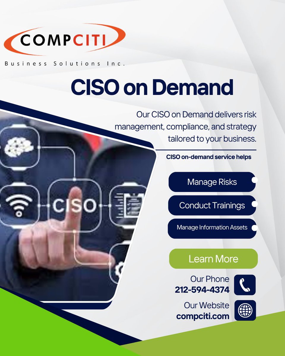 CompCiti's tweet photo. Scale your security with CISO on Demand. Get expert guidance on compliance, threat management &amp; data protection without hiring full-time. Keep your business secure with on-demand leadership built for modern organizations.
https://t.co/y1bm1tNMWx
#CISOOnDemand #VirtualCISO #vCISO https://t.co/YDGlOLdVop