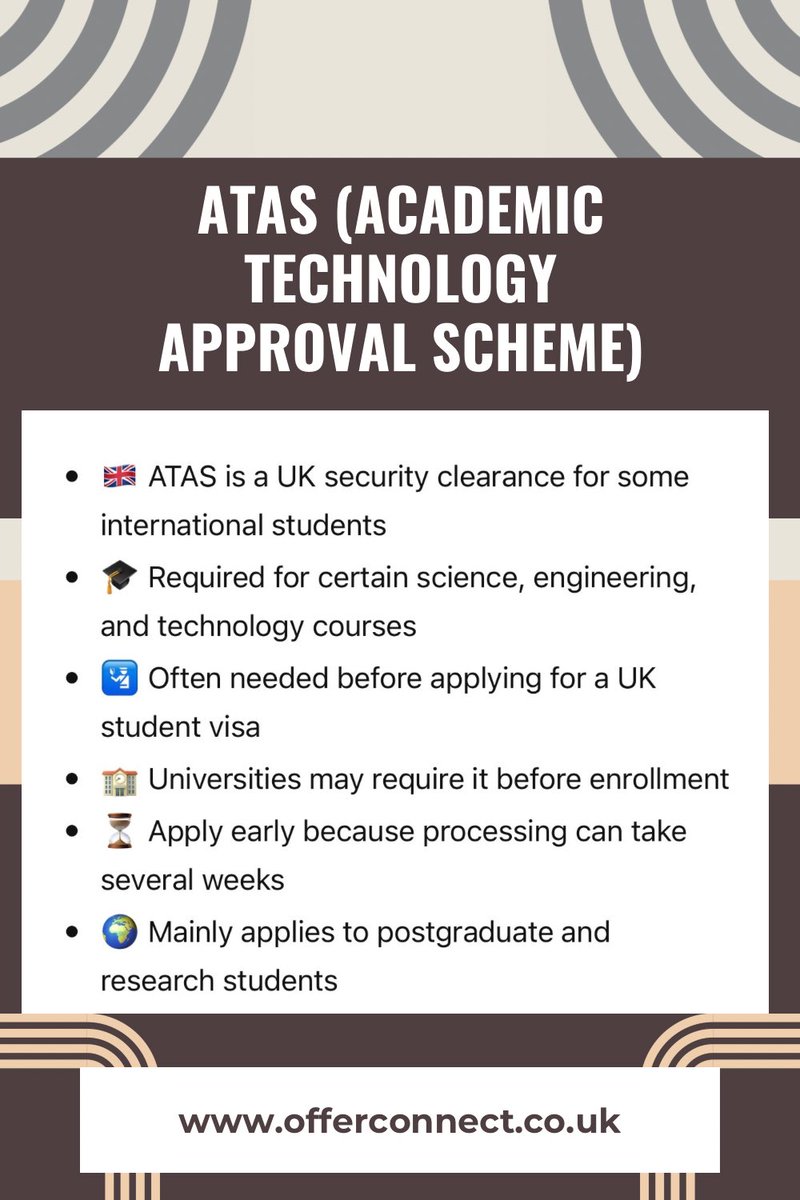 offerconnectltd's tweet photo. 🇬🇧 ما هو ATAS؟

ATAS اختصار لـ Academic Technology Approval Scheme
وهو تصريح أمني تطلبه الحكومة البريطانية لبعض التخصصات الأكاديمية الحساسة قبل إصدار الفيزا الدراسية. https://t.co/R3TiIJKYGx