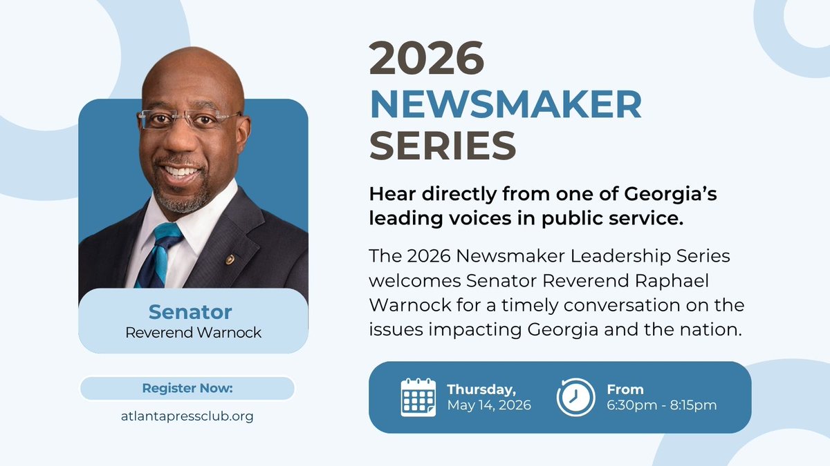 atlpressclub's tweet photo. A timely conversation you won’t want to miss. Policy, leadership, and the issues shaping Georgia. Join Senator Rev. Raphael Warnock for the Newsmaker Leadership Series.
▫️May 14 at Retreat by The Gathering Spot
▫️6:30-8:15 pm
▶️ Register: https://t.co/R6LrehZNTE
#AtlantaEvents https://t.co/CzDTOOw8FD