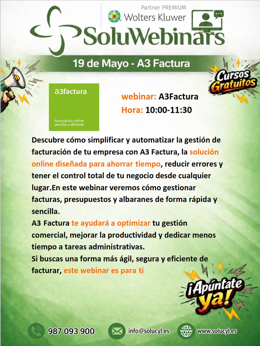 Solucylct's tweet photo. 🚀 ¿Todavía dedicas demasiado tiempo a la facturación?

Te invitamos a nuestro webinar GRATUITO sobre A3 Factura 📄💻

📅 19 de Mayo
✅ Facturas, presupuestos y albaranes
✅ Automatización de procesos

👉 ¡Reserva tu plaza! https://t.co/2E8Y1BO0hI https://t.co/fejILI3Lth